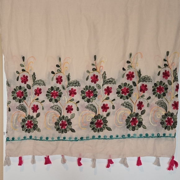 Accessories - Vibrant Multi Colored Floral  Embroidered Boho Cottagecore Wrap/Scarf w/Tassels